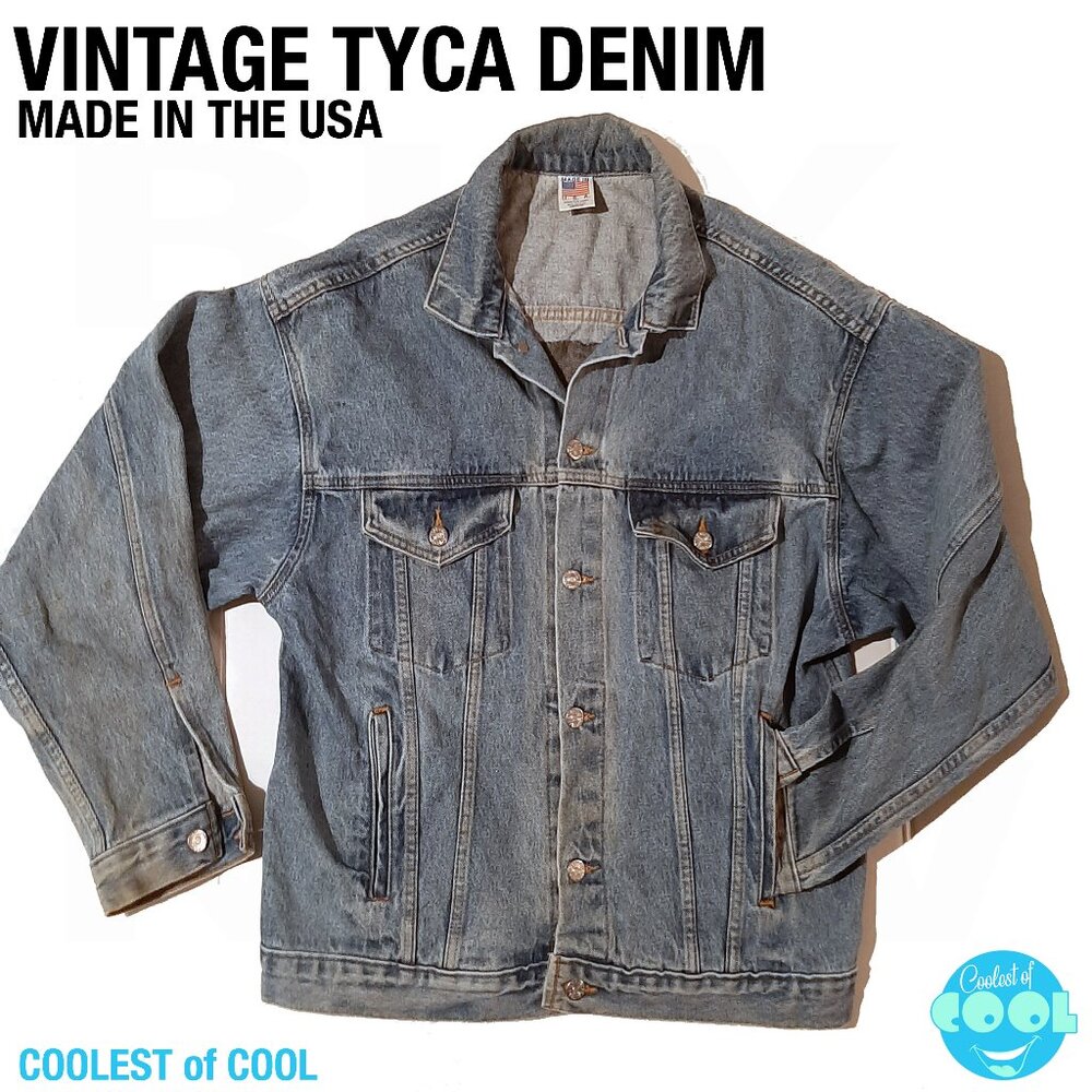 Vintage TYCA Denim Jacket Medium Made in USA Mc Guffeys Steakhouse embossed logo